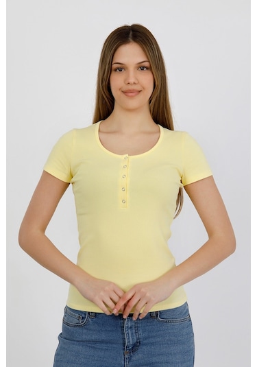 Hdm Kadın Esnek Fitilli Yakası Çıtçıtlı Sarı Kısa Kol Basic Örme Bluz - H5993