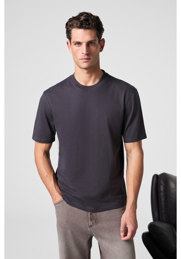 Solo Erkek %100 Organik Pamuklu Kalın Dokulu Comfort Fit Bisiklet Yakalı Füme T-Shirt