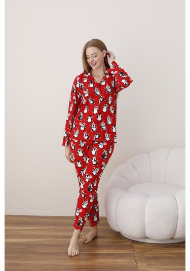 Kadın Önden Düğmeli Gömlek Yaka Suet Kumaş Pijama Takımı Kırmızı
