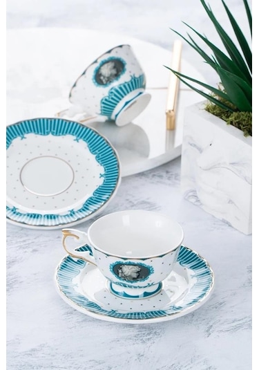 Acar Porselen Amora 2 Kişilik Kahve Fincan Takımı Gold Yaldızlı Turkuaz - Grn-05030