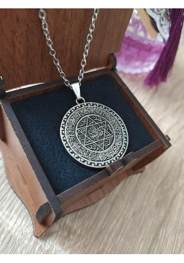 Mührü Süleyman Ve Tılsımı Yazılı Kolye Gümüş Rengi Gümüş