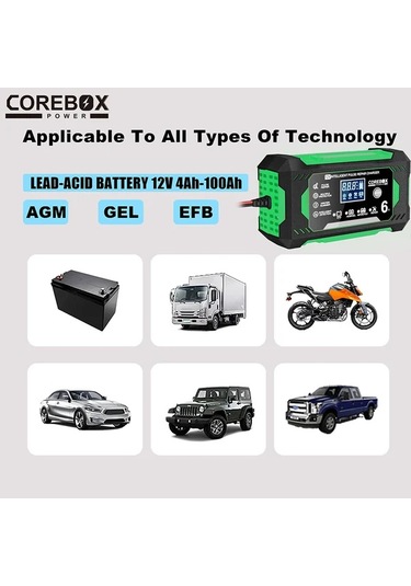 Xuweiwei Yeşil Lcd Ekranlı 12v 6a Araba Akü Şarj Cihazı Agm Derin Döngü Gel Kurşun Asit Ve Lityum Demir Fosfat Aküler İçin İdeal Akü Dahil Değil