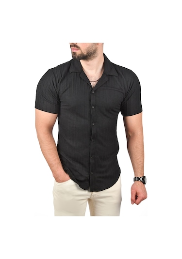 Deepsea Erkek Siyah Slim Fit Pamuklu Apaş Yaka Kısa Kol Penye Gömlek Dokulu Jakar Kumaş Dar Kesim Spor Gömlek 2501216 Siyah