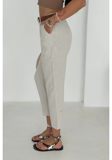 Kemer Detaylı Keten Pantolon Krem Krem
