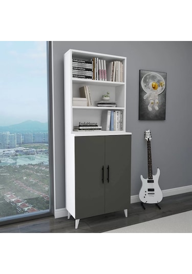 Reyo Home Enda Oras 6 Raflı Kapaklı Kitaplık Antrasit- Beyaz