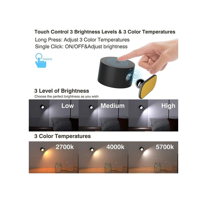 Fortunelane Usb Şarjlı Dokunmatik Led Dolap Lambası, 360 Derece Dön, 3 Renk, Taşınabilir Gece Lambası Siyah Siyah