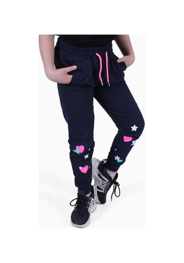 Fyk Kids Baskılı, Kalp Desen Detaylı Kız Çocuk Eşofman Altı Lacivert