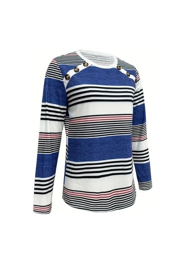 Ge Ticaret Kadın Uzun Kollu Bisiklet Yaka Düğme Detaylı Desenli Süprem Bluz Mavi