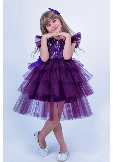 Mor Pullu Kız Çocuk Parti Elbisesi