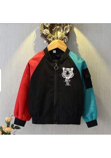 Modavals Kaplan Baskılı İçi File Su Geçirmez Erkek Çocuk Yağmurluk - Siyah