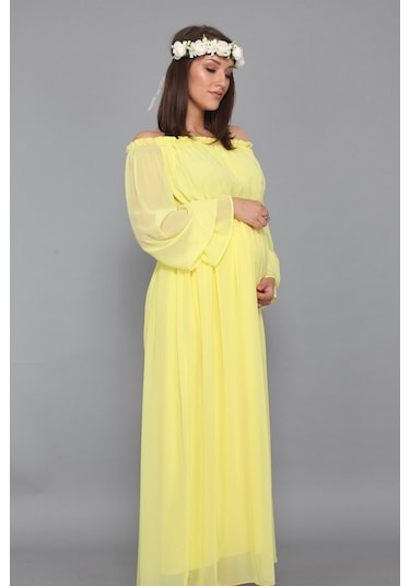 Modalabio Moda Labio - Babyshower Dökümlü Hamile Elbisesi Sarı
