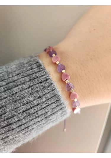 Ametist Ve Rodonit Taşı Kalpli Bileklik Çok Renkli