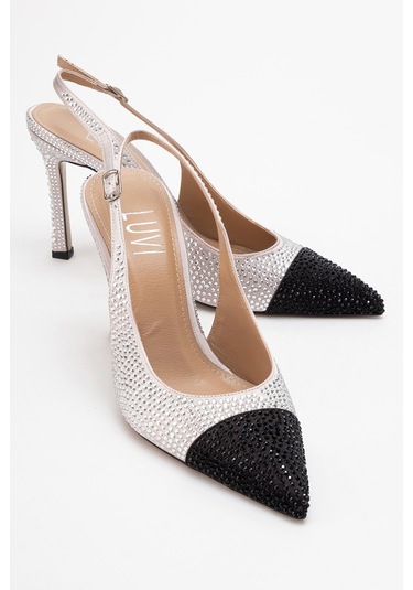 London Bej Siyah Gümüş Taşlı Kadın Yüksek Topuklu Ayakkabı Siyah - Bej