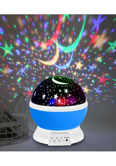 Dekoratif Çocuk Odası Gece Lambası Projeksiyon Dönen Ay Yıldız Mavi