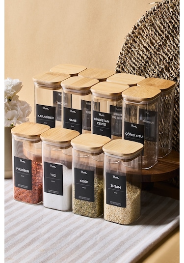 Gildo 12'li Bambu Kapak Borosilikat Cam Baharatlık 400 Ml 13x6 Cm 30 Adet Etiket Hediyeli Seffaf ŞEffaf