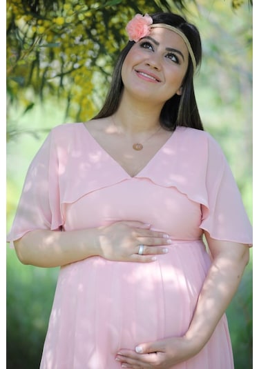 Modalabio Moda Labio- Babyshower Melek Kol Hamile Elbisesi Pudra