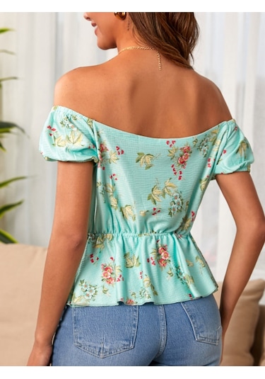 Munn Collection Kadın Kısa Kollu Madonna Yaka Çiçek Desenli Düğme Detay Gipeli Süprem Kumaş Bluz Yeşil