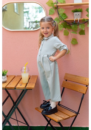 Oliventhekid Yakalı Pileli Kız Çocuk Tulum Mint Mint Yeşili