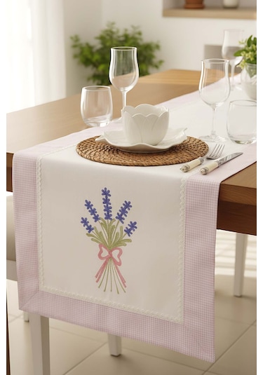 Lavanta İşlemeli Buldan Kumaş Runner 50x130 Cm Krem