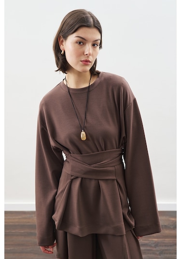 Yumuşak Dokulu Modal Bağlamalı Sweatshırt Kahverengi Kahverengi