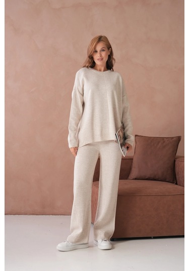 Kadın Bisiklet Yaka Yırtmaçlı Kazak Pantolon İkili Triko Takım Taş