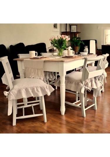 Bej Çizgili Buldan Yıkanmıs Keten 4 Tarafı Fırfırlı Sandalye Minderi Renkli Diğer