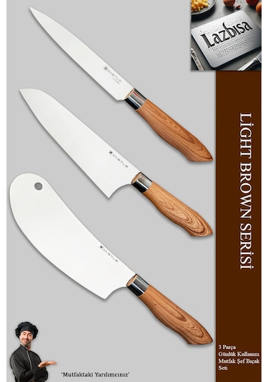 Light Brown Serisi Mutfak Bıçak Et Sebze 3 Lü Şef Bıçağı Mft-476 Kahverengi