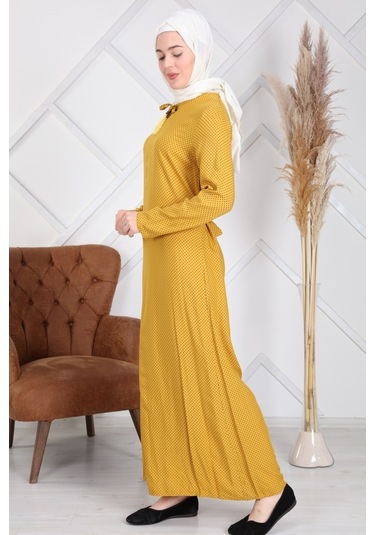 Reis Pamuk Viskon Puantiyeli Sarı Kadın Tesettür ElbiseSarı
