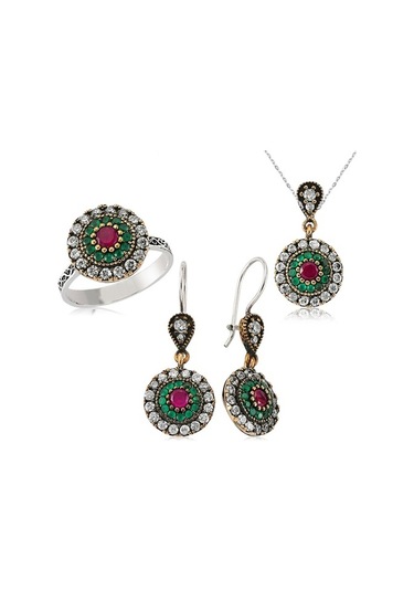 Gümüş Zümrüt Ve Yakut Taşlı Otantik Set