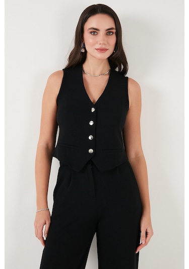 Lela Regular Fit Yüksek Bel Bol Paça V Yaka Yelekli Bayan Takım 5866199 Siyah