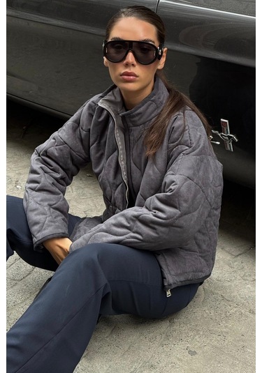 Füme Dik Yaka Kapitone Kadın Mont Mg2568 Füme