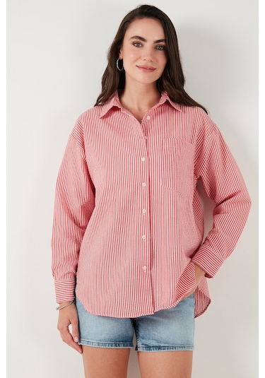 Lela Regular Fit Uzun Kollu Cepli Çizgili Bayan Gömlek 6772895 Kırmızı