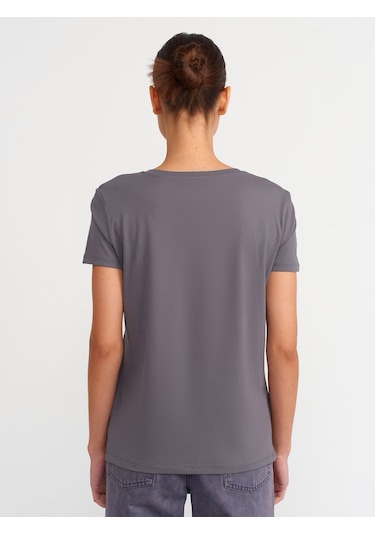 Dilvin V Yaka Basic T-shirt-füme Füme