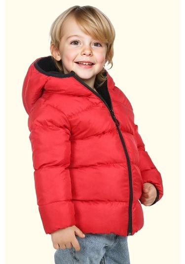 Erkek Çocuk Polarlı Kürklü Kapüşonlu Su Geçirmez Rüzgara Dayanıklı Şişme Kışlık Mont Kaban Kırmızı