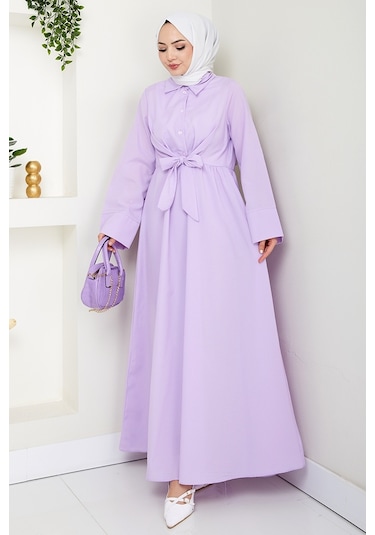 Renda Belden Bağlamalı Elbise 1467 - Lila Lila