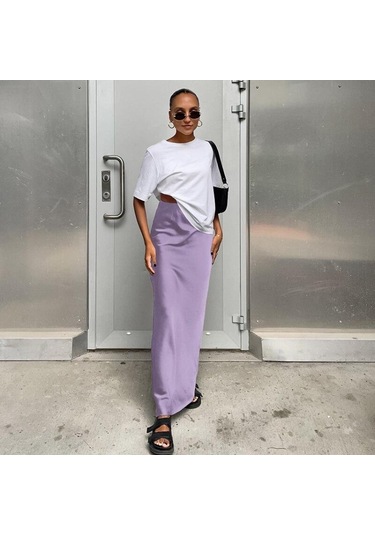 Saten Siyah Trompet Etek Ince Yüksek Bel Etekler Moda Kadın 2023 Yaz Katı Ofis Bayan Uzun Etek Kadın Zarif 27694 Mor