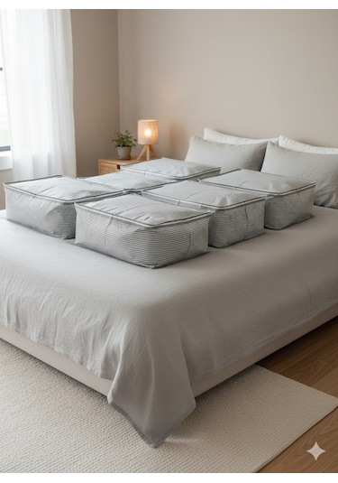 6'lı Gri Çizgili Büyük Baza Altı & Çekyat Tipi Tela Hurç 65x45x22 Cm Fermuarlı Saklama Ve Düzenleme Hurcu Gri