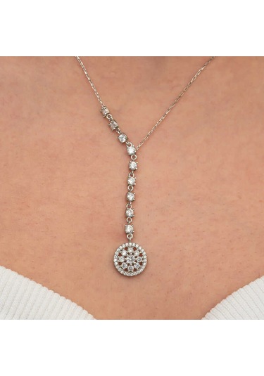 Gümüş Sıralı Zirkon Taşlı Çiçek Kadın Kolye Altın