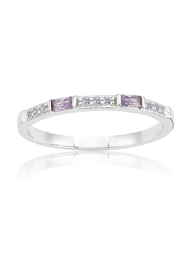 Baget Gümüş Yüzük - 925 Ayar Gümüş Baget Sıralı 0.25 Karat Ametist Taşlı Kadın Yüzük - Sevgiliye Beyaz