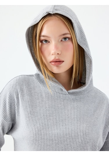 Long Crop Kadın Sweatshirt Gri Melanj