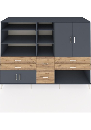 Kronos Dolap 10 Raflı 6 Çekmeceli 4 Kapaklı 220x59x163 Antrasit-a Antrasit-antrasit/çam