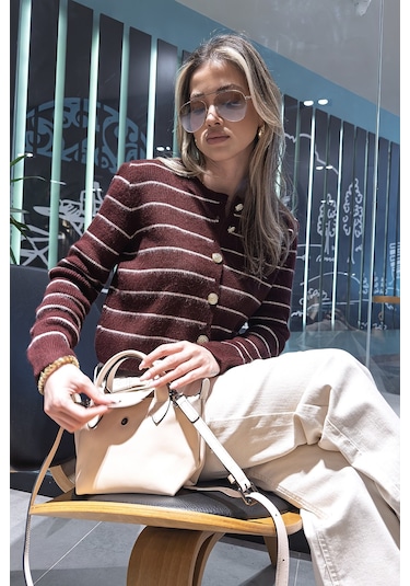 Lela Standart Fit Çizgili Yumuşak Dokulu Crop Triko Bayan Hırka 4615551 Bordo