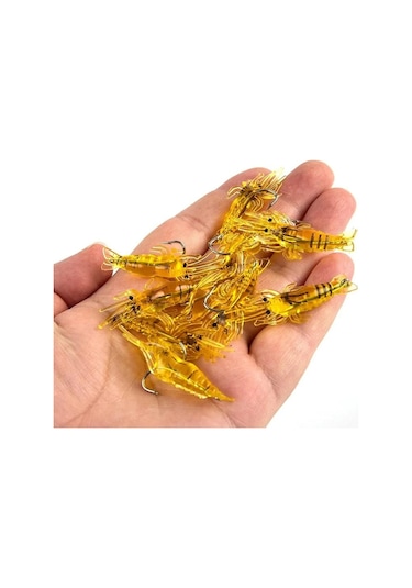 Valkyrie 12 Adet Fosforlu Kancalı Silikon Karides Olta Yem Sahte Yapay İğneli Balık Yemi Sarı