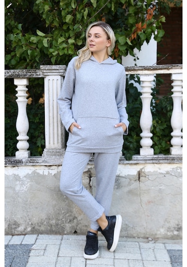 Akbeniz Kadın Pamuk Kapşonlu Cepli 3 İplik Gri Eşofman Takım 9037-gri Gri