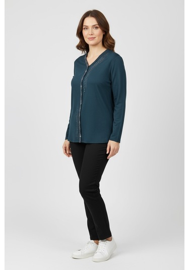 Kadın Önü Kapalı Düğme Detaylı Taşlı Nergis Mevsimlik Bluz Zümrüt