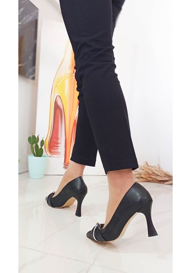 Siyah Kadeh Yüksek Topuk Taş Desenli Kadın Stiletto Siyah