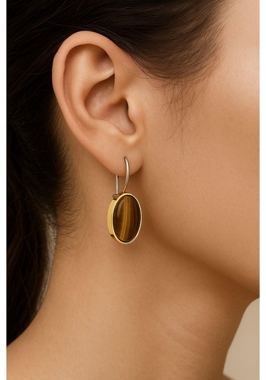 Beyisa Asya Serisi El İşi Gümüş Kahverengi Kaplangözü Taşlı Bayan Küpe Gümüş