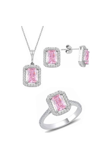 Gümüş Rodyumlu Pembe Baget Taşlı Üçlü Set