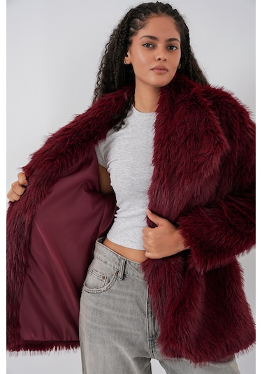 Kadın Kemerli Oversize Kürklü Kaban 9156 - Bordo Bordo