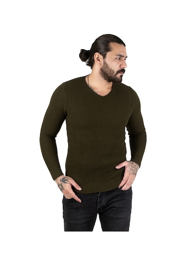 Deepsea Erkek Haki V Yaka Triko Kazak 2300341 Haki